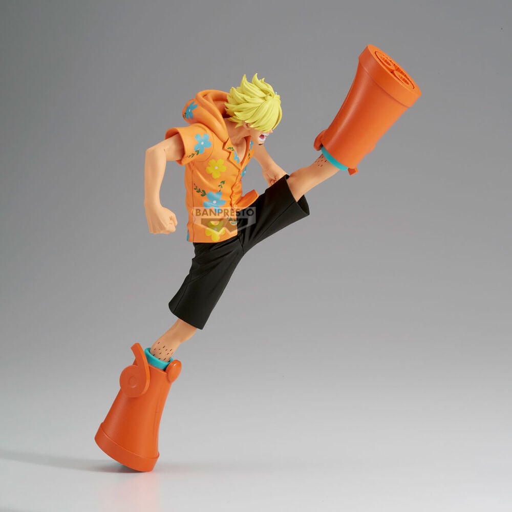 Figura de Sanji de One Piece en pose dinámica con camisa naranja floral - 3