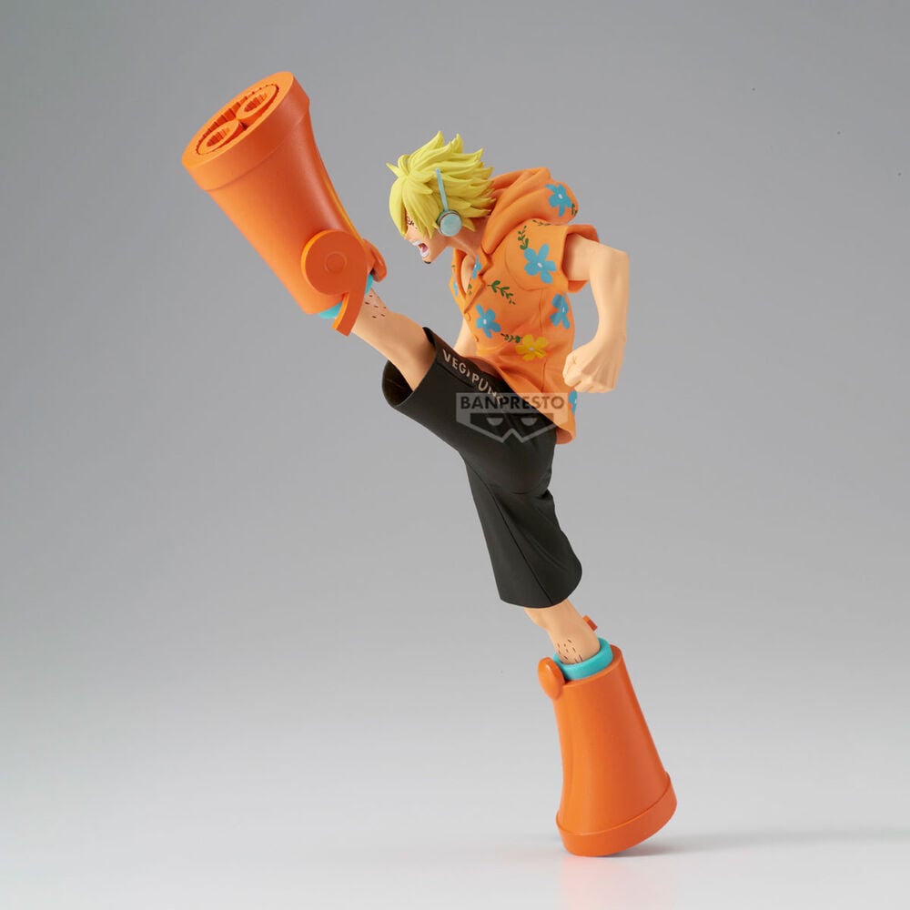 Figura de Sanji de One Piece en pose dinámica con camisa naranja floral - 4