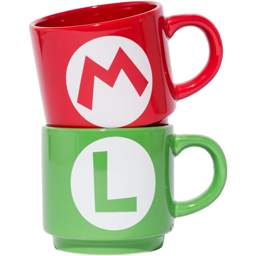Set de dos tazas Super Mario Bros rojas y verdes con iconos M y L