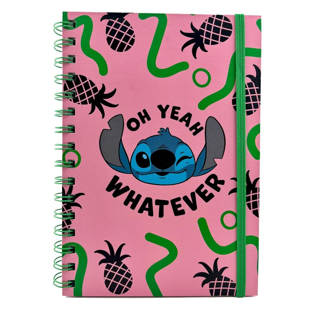 Cuaderno A5 rosa de Stitch Disney con espiral y banda elástica verde