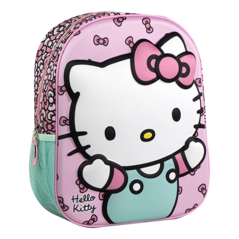 Mochila 3D rosa de Hello Kitty con bolsillo lateral turquesa