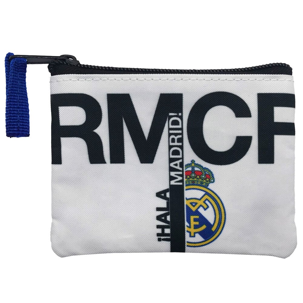 Monedero Real Madrid blanco y negro con cremallera y asa azul
