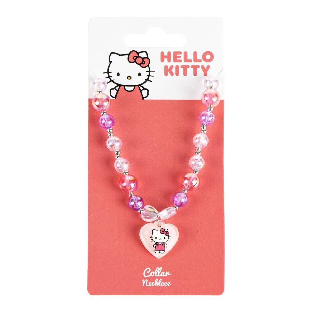 Collar de cuentas rosas y lilas de Hello Kitty con colgante de corazón