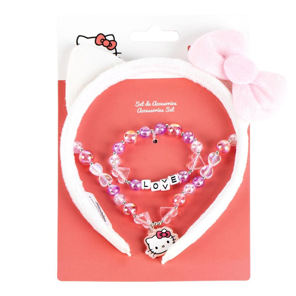 Set de bisutería Hello Kitty con diadema blanca y lazo rosa