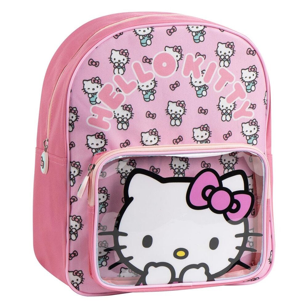 Mochila rosa de Hello Kitty con bolsillo frontal transparente