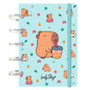 Cuaderno A6 turquesa de anillas con diseño de capibaras y bubble tea
