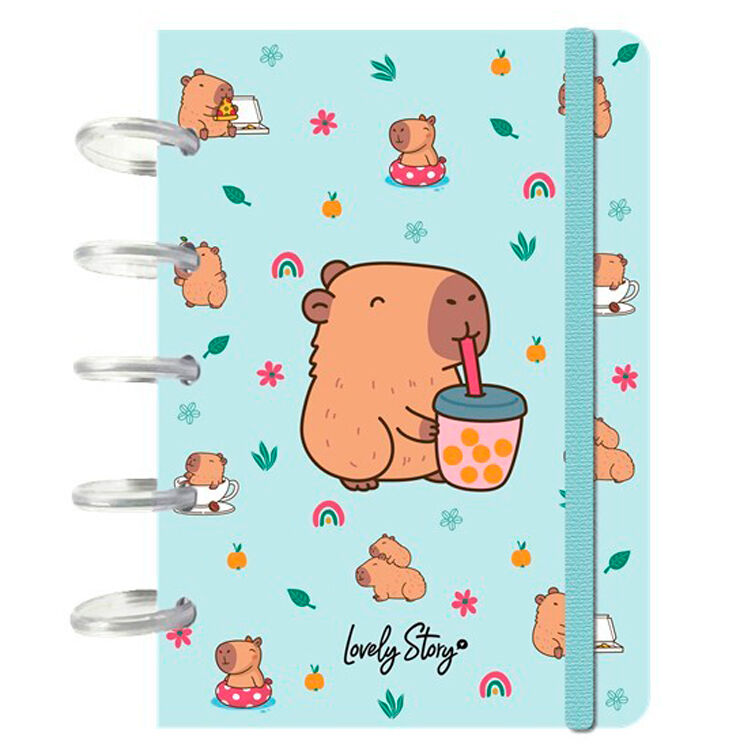 Cuaderno A6 turquesa de anillas con diseño de capibaras y bubble tea