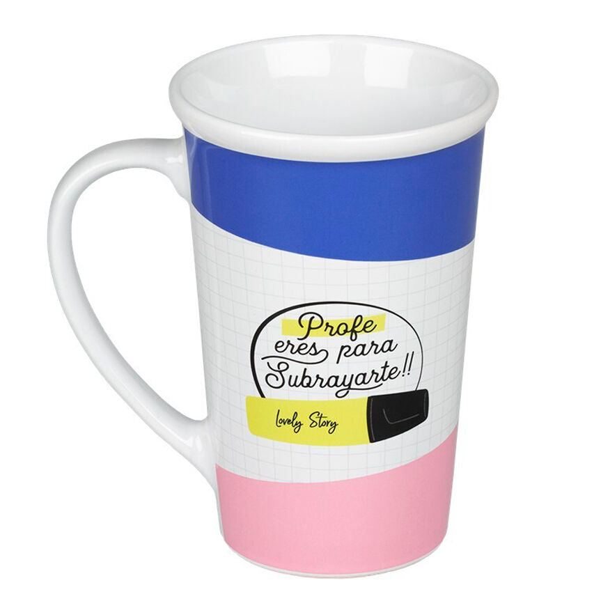 Taza de cerámica LOVELY STORY para profe, con diseño escolar azul y rosa