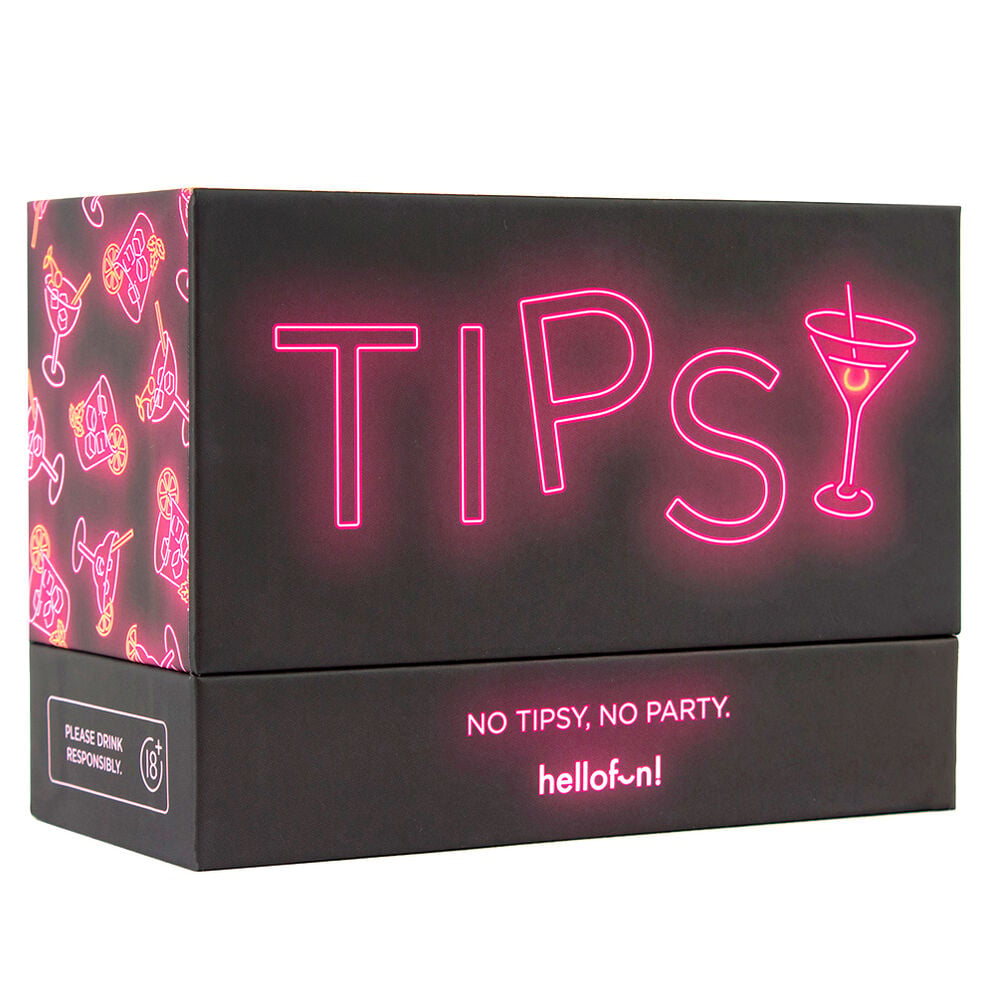 Caja negra del juego de cartas Tipsy de HELLOFUN! con diseño rosa neón