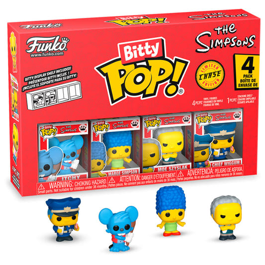 Blíster de cuatro figuras Bitty Pop! de Los Simpson con Itchy, Marge, Moe y Chief Wiggum