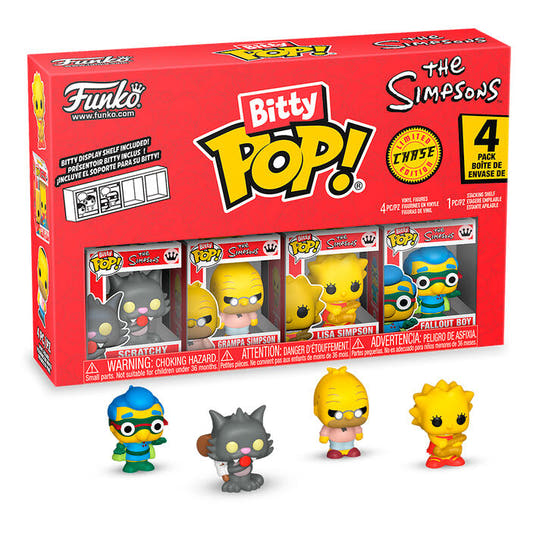 Blíster de 4 figuras Bitty Pop! de Los Simpson con Scratchy, Lisa, Grampa Simpson y Fallout Boy