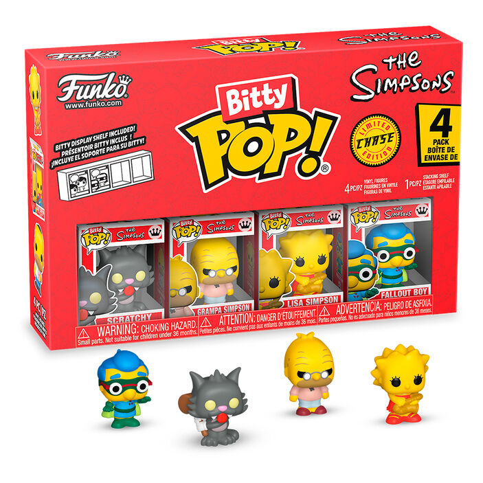 Blíster de 4 figuras Bitty Pop! de Los Simpson con Scratchy, Lisa, Grampa Simpson y Fallout Boy