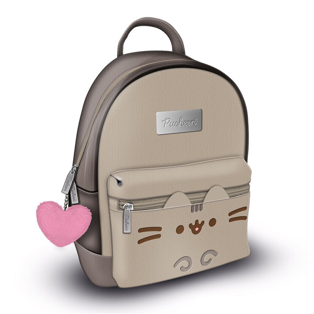 Mochila Pusheen beige de 29 cm con charm de corazón rosa