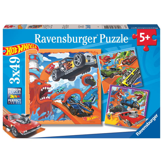 Puzzle Ravensburger Hot Wheels de 3 puzzles con coches y dinosaurios