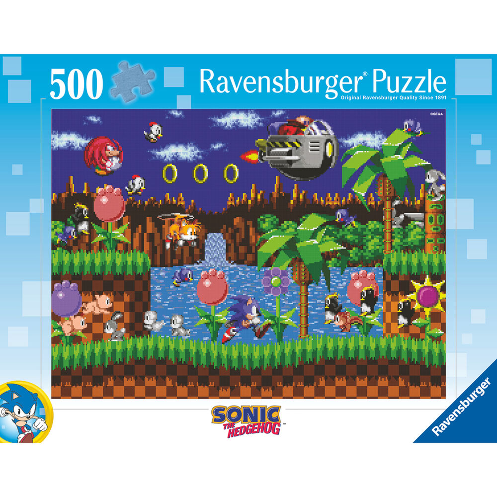 Puzzle Ravensburger de 500 piezas con escena pixel art de Sonic the Hedgehog