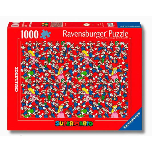 Puzzle Ravensburger Super Mario de 1000 piezas con personajes sobre fondo rojo