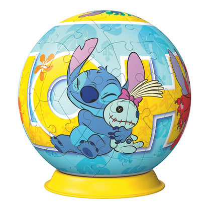 Puzzle 3D esférico de Stitch Disney Ravensburger sobre base amarilla