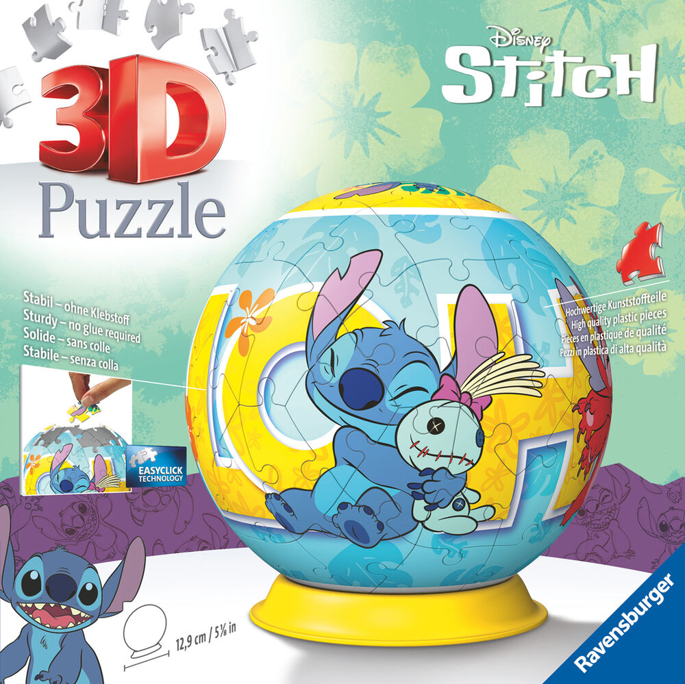 Puzzle 3D esférico de Stitch Disney Ravensburger sobre base amarilla - 3