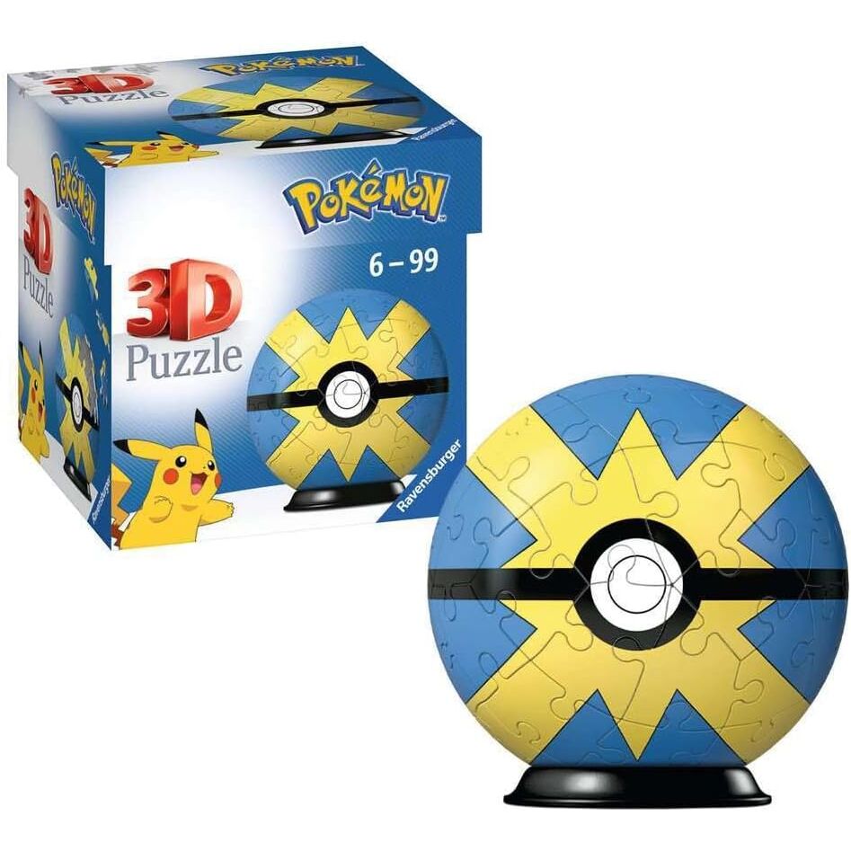 Puzzle 3D Poke Ball de Pokémon en azul y amarillo sobre base negra - 2