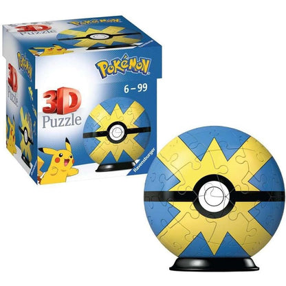 Puzzle 3D Poke Ball de Pokémon en azul y amarillo sobre base negra - 2