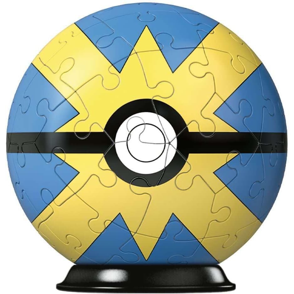 Puzzle 3D Poke Ball de Pokémon en azul y amarillo sobre base negra