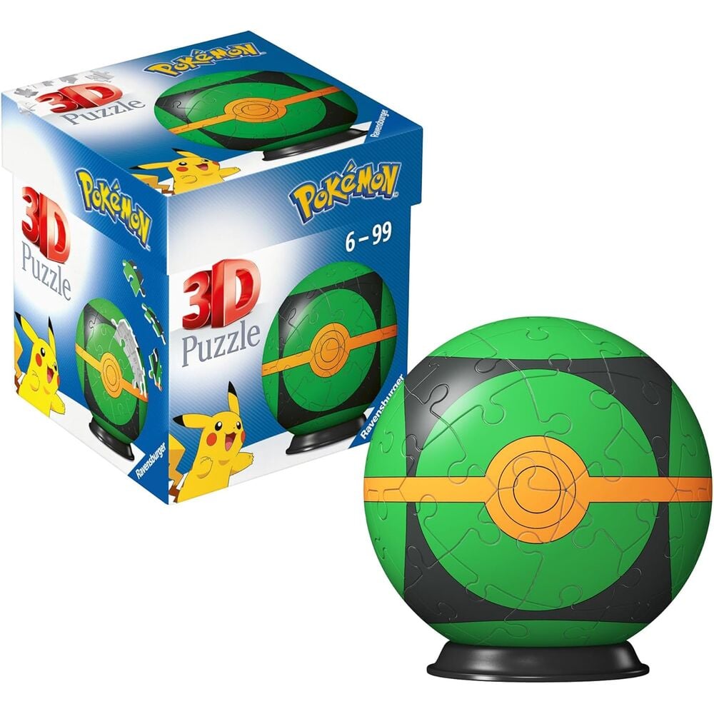 Puzzle 3D Poké Ball Pokémon verde de Ravensburger sobre base negra - 2