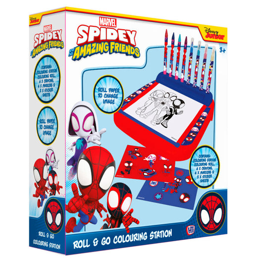 Estación de dibujo Roll & Go de Spidey Marvel con rotuladores, ceras y rollo de papel