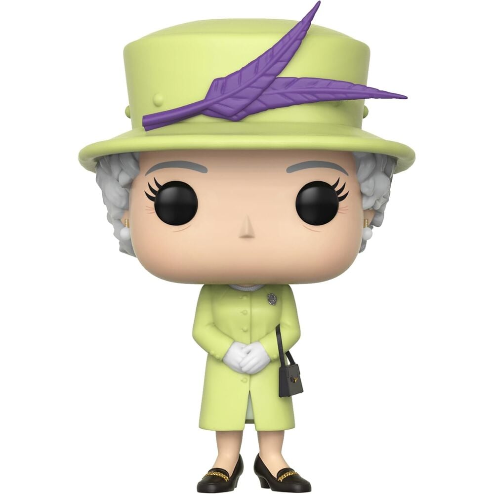 Figura Funko POP! de Queen Elizabeth II con atuendo verde lima y sombrero con pluma morada