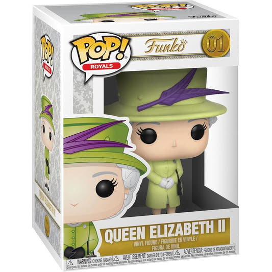 Figura Funko POP! de Queen Elizabeth II con atuendo verde lima y sombrero con pluma morada - 3