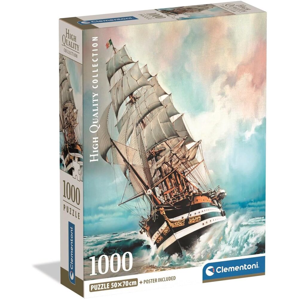 Puzzle Clementoni de 1000 piezas con el velero Amerigo Vespucci navegando entre olas