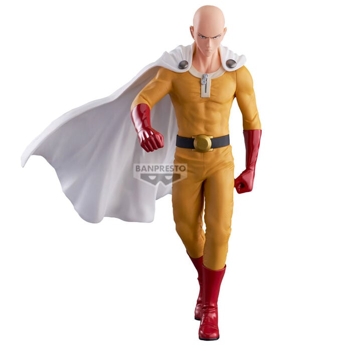 Figura de Saitama de One Punch Man con traje amarillo y capa blanca