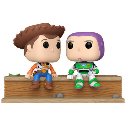 Figura Funko POP Moment de Woody y Buzz de Toy Story sentados sobre una base de madera