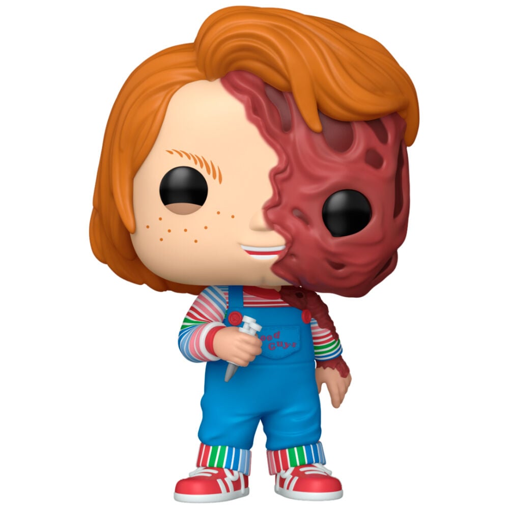 Figura Funko POP de Chucky con rostro dividido y peto azul