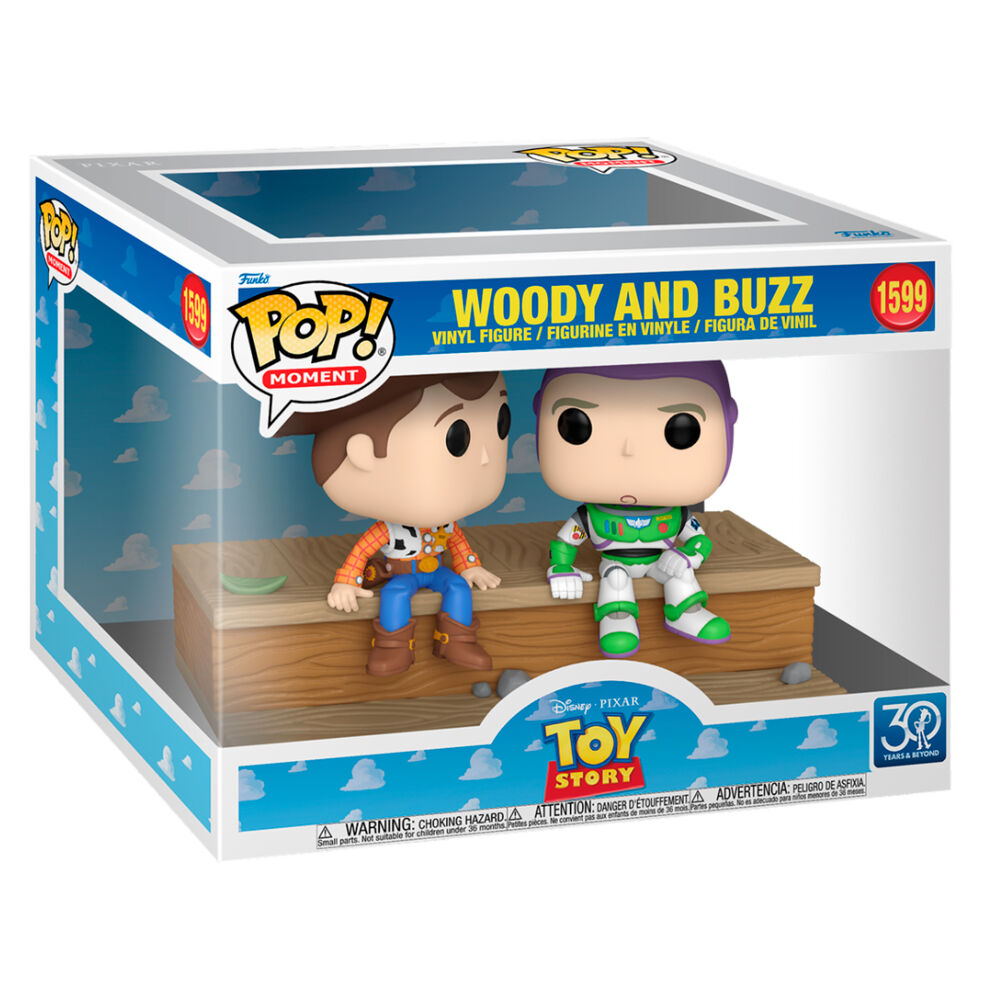 Figura Funko POP Moment de Woody y Buzz de Toy Story sentados sobre una base de madera - 2