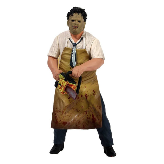 Figura de Leatherface con máscara, delantal y motosierra