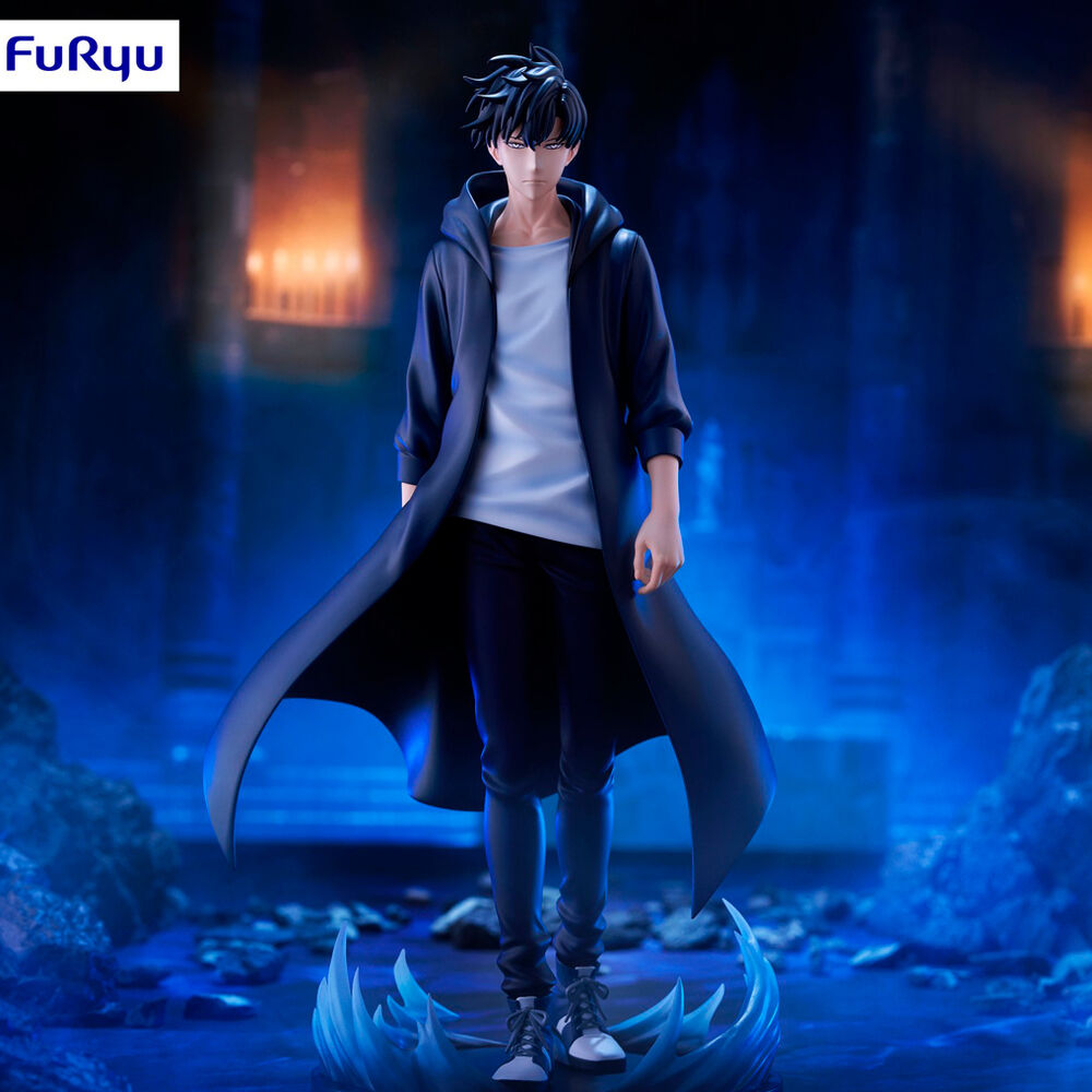 Figura de Sung Junwoo de Solo Leveling con abrigo oscuro y base de efectos azules