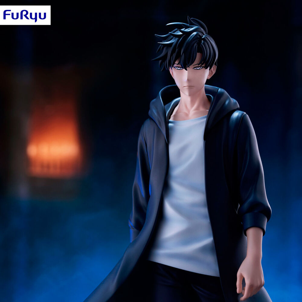 Figura de Sung Junwoo de Solo Leveling con abrigo oscuro y base de efectos azules - 3