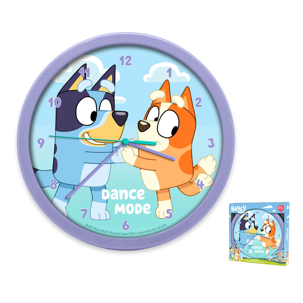 Reloj de pared Bluey y Bingo con diseño Dance Mode y marco morado