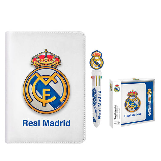 Set de cuaderno blanco y bolígrafo del Real Madrid en caja