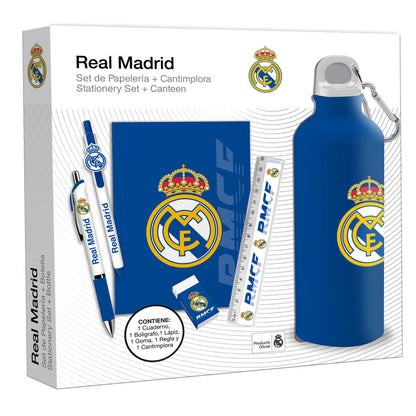 Set de papelería y cantimplora azul del Real Madrid