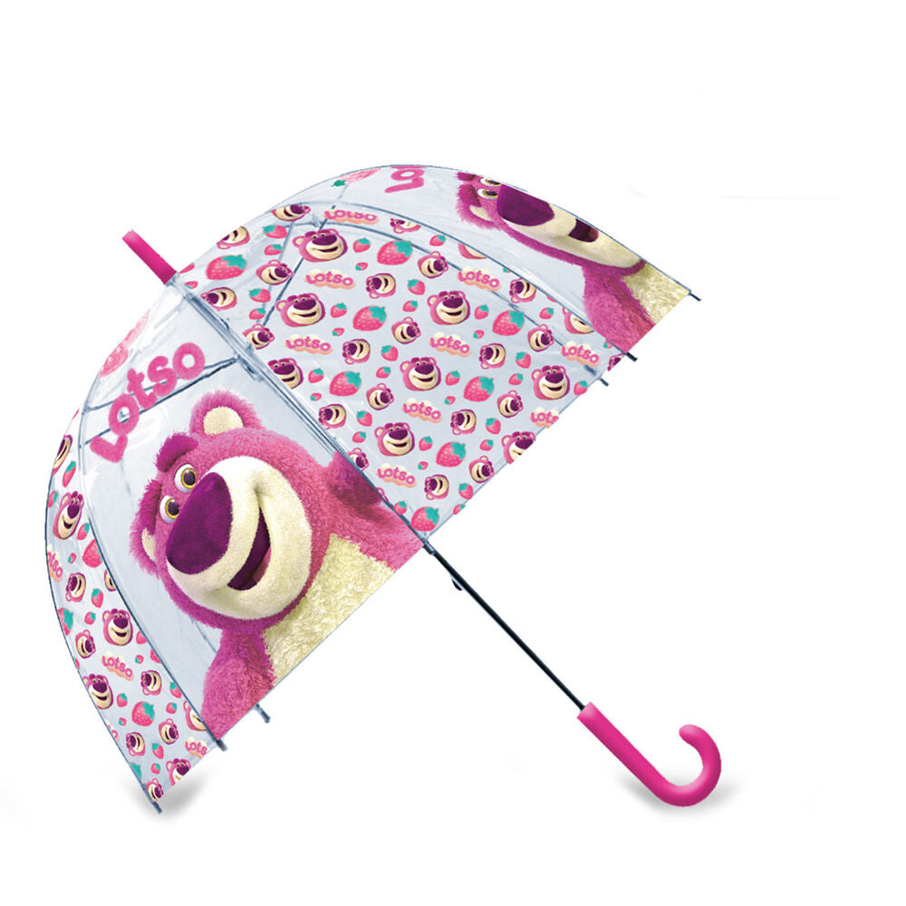 Paraguas manual rosa de Lotso Toy Story con estampado de fresas y abejas