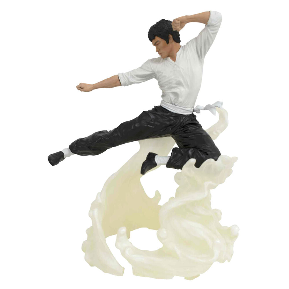 Estatua de Bruce Lee Air en pose de artes marciales sobre una base escultural
