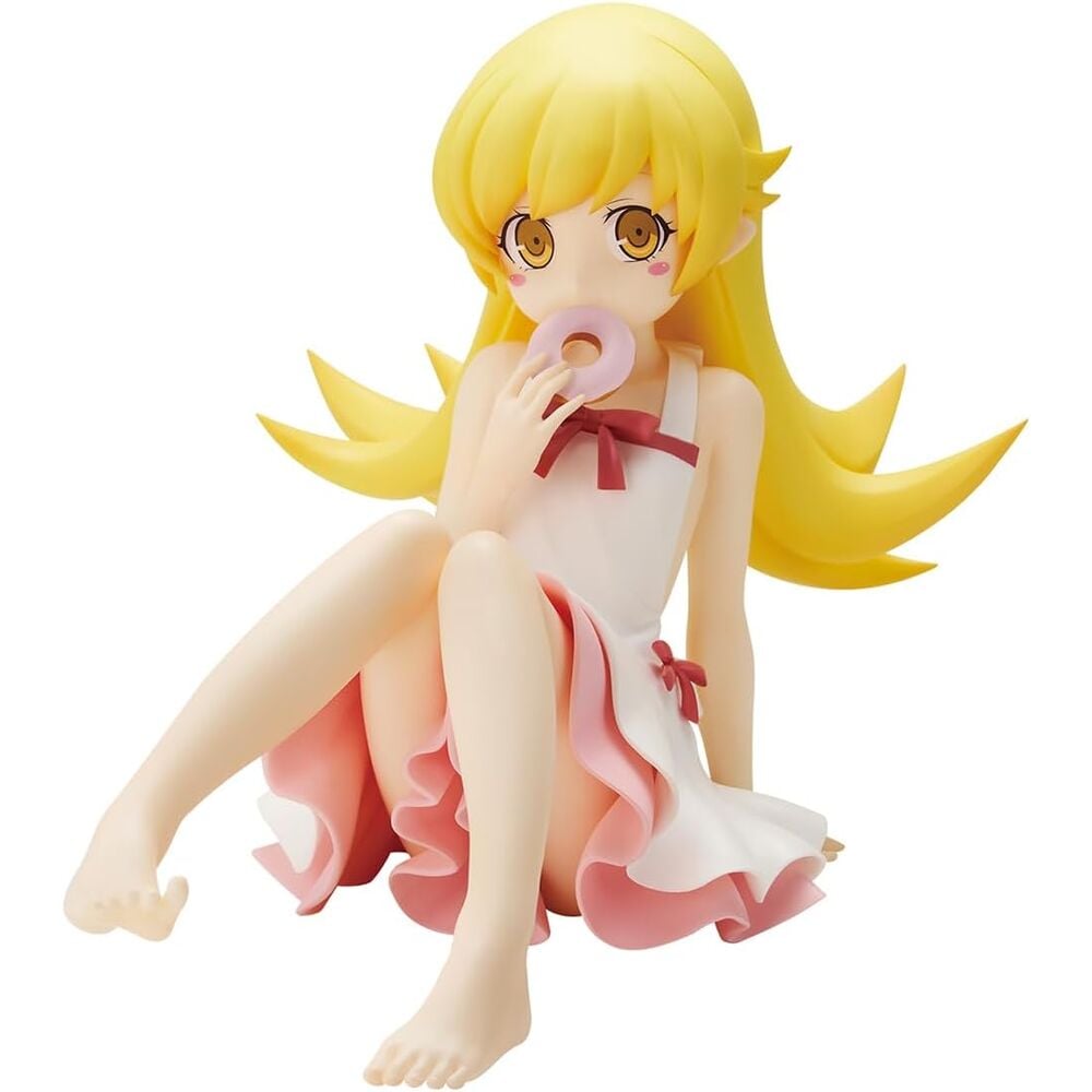 Figura de Shinobu Oshino Relax Time sentada con vestido blanco y rosa