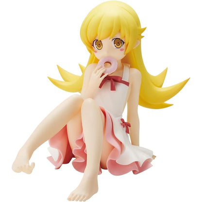 Figura de Shinobu Oshino Relax Time sentada con vestido blanco y rosa