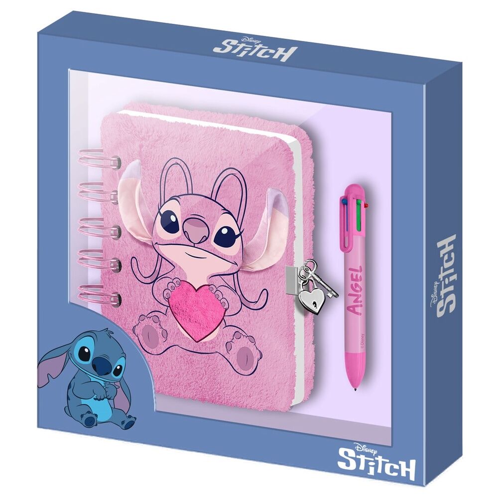 Diario rosa de peluche Angel Stitch Disney con bolígrafo