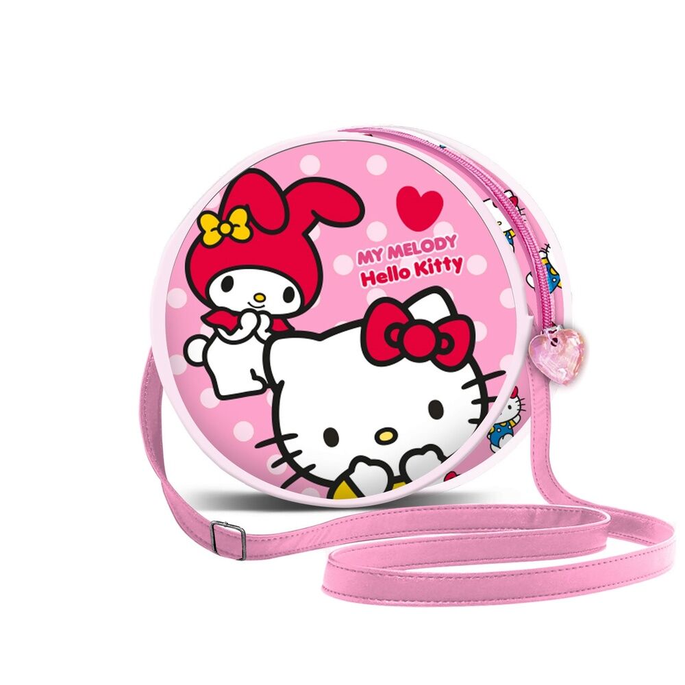 Bolso redondo rosa de Hello Kitty y My Melody con correa larga