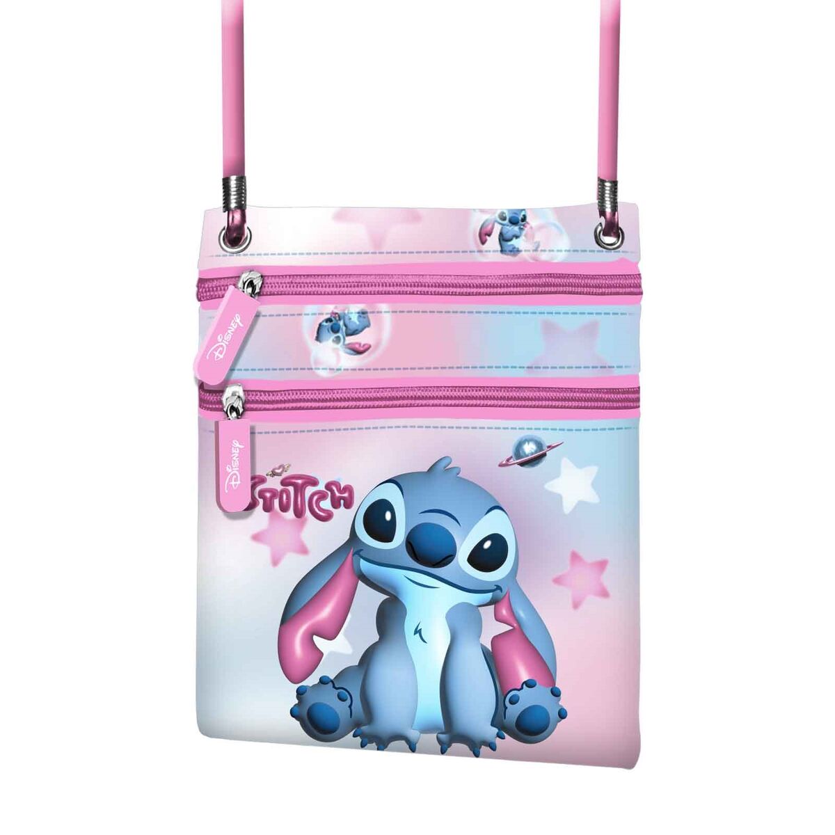 Bolso bandolera rosa y azul de Stitch Disney con dos cremalleras