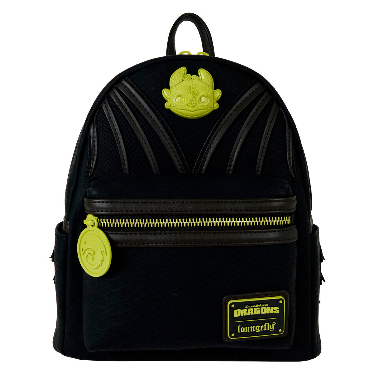Mochila Loungefly negra de Cómo entrenar a tu dragón con detalles verde lima