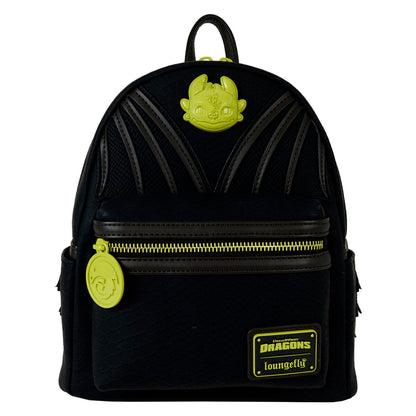 Mochila Loungefly negra de Cómo entrenar a tu dragón con detalles verde lima