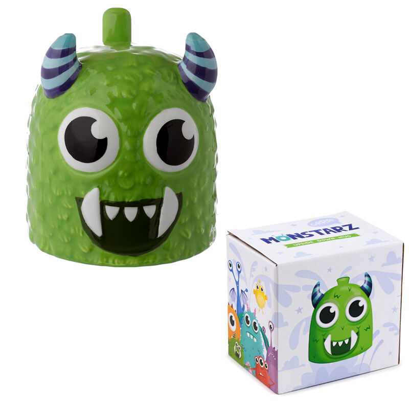 Taza 3D verde Monstarz con diseño de monstruo y cuernos a rayas - 5